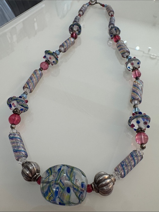 Jewelry - Sterling silver Handmade Pink and Blue Glass Bead Necklace - Artisan